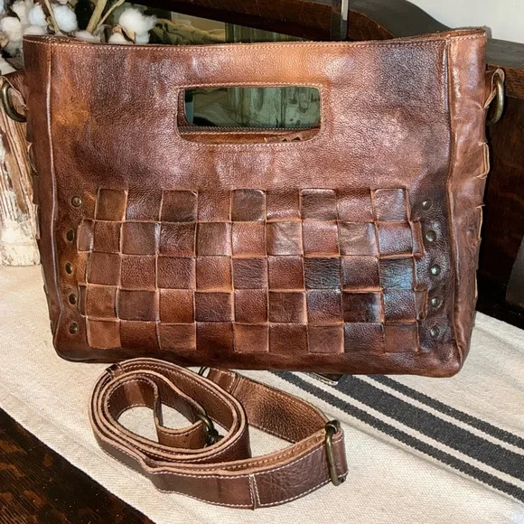 Bed Stu Orchid Woven Leather Handbag Crossbody Bag Teak Brown Retail $280 - Picture 2 of 12